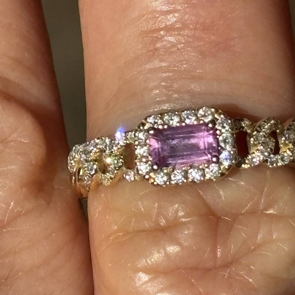 14 KT Gold Chain-Link Ring with Pink Emerald-Cut Sapphire Diamond Halo 6.5 - Picture 2 of 8